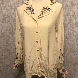 Vintage DVF Silk Embroidered Blouse Furstenberg leaves folk folklore brown